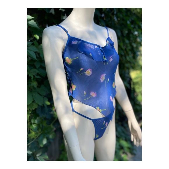 Vtg | 90s La Senza Blue Floral Lingerie Set Sleepwear Cami Panty Hankerchief Med - Picture 4 of 7